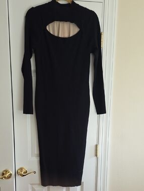 Black Midi Dress Decorative Front Cutout On.  Large NWT. Flattering Knit.